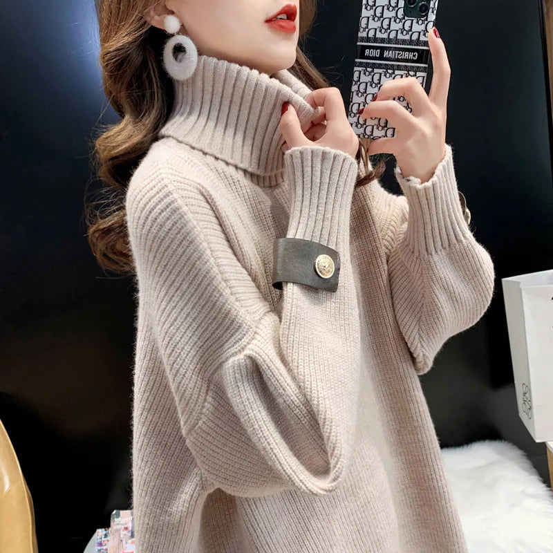 Sweater Women's Korean Medium Long Top Autumn Winter Turtleneck Warm Pullover Shirt Long Sleeve Knitwear Jumper Female Sueter
