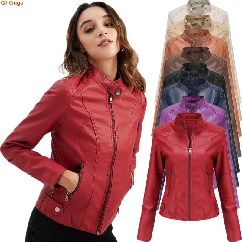 2026 Spring Women's Long-Sleeve Faux Leather Jacket Zip-Up Stand Collar PU Outerwear Available in Red, Black, Purple, Blue Coat.