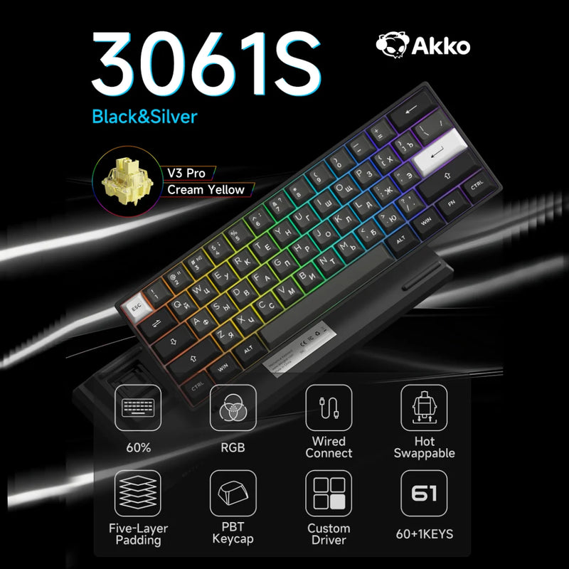 Akko 3061S Black&Silver Wired Mechanical Gaming Keyboard RGB Backlit Russian ASA Profile PBT Double Shot Keycaps