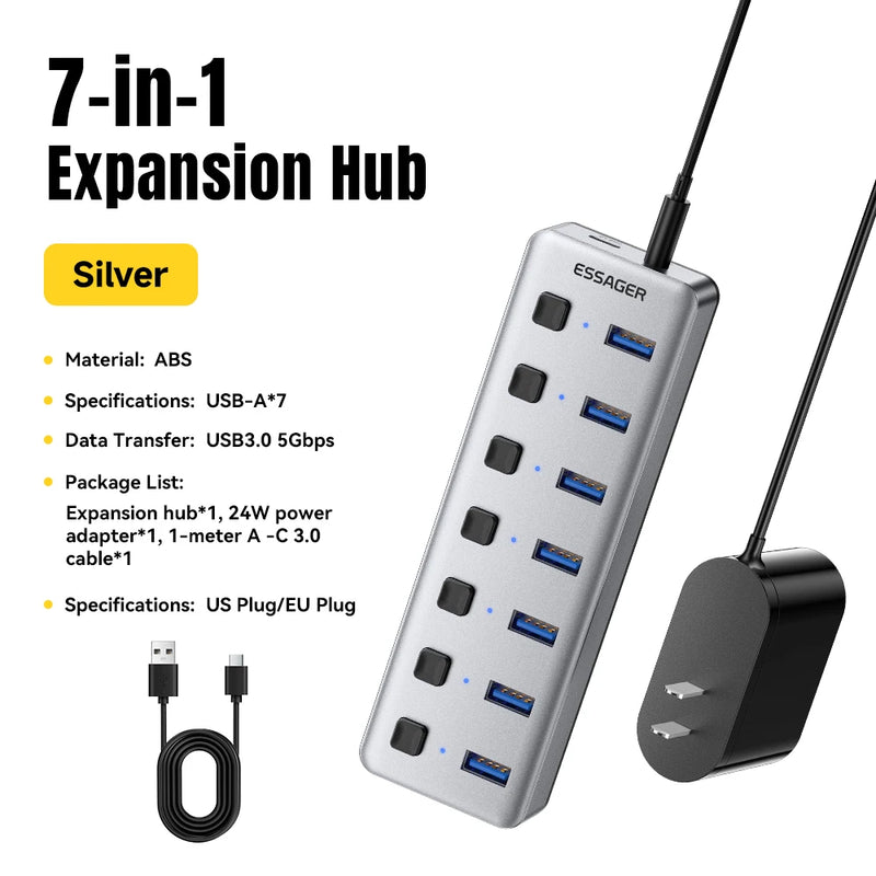 Essager 7 ច្រក USB A HUB ពហុច្រក USB 3.0 5Gbps Splitter Adapter ជាមួយឆ្នាំងសាក EU/US 24W សម្រាប់ទូរស័ព្ទ Macbook Pro PC Laptop