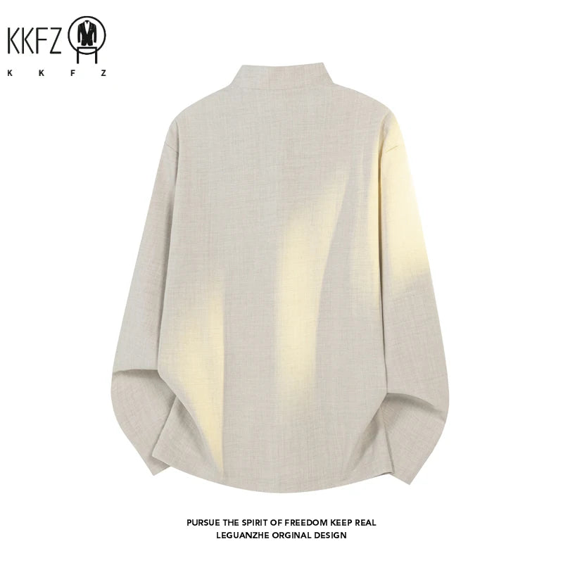 Male Minimalist Mandarin Neck Long Sleeve Shirt Vertical Sewing Texture Relaxed Cut For Weekend Gathering And Travel Matching