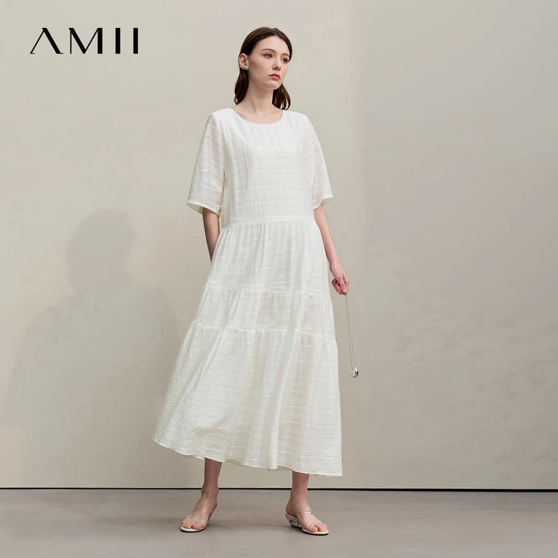 Amii Long Dresses 2026 Summer New Round Neck Mid Sleeve Tiered Skirt Casual Loose Fit Asymmetric Hem Dress For Women 12642118