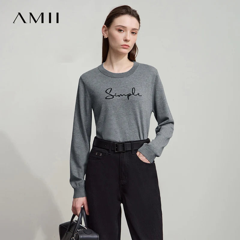AMII Minimalist Women's Long Sleeve Pullovers 2026 Autumn Fashion Letter Jacquard Straight Tops Casual O-Neck Sweaters 12523052