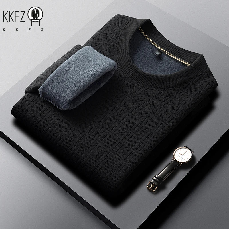 Mens Winter Long Sleeve Knit Top All Over Embossed Pattern Fleece Lined Round Collar Comfort Business Shirt