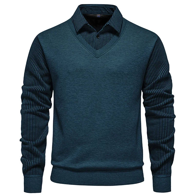 Daily Casual Male Knitted Pullover Fake Two Piece Waistcoat Fleece Lined Vertical Stripe Shirt Collar Slim Long Sleeve Garment