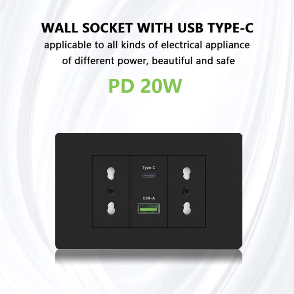 រន្ធដោតជញ្ជាំង USB ប្រភេទ C ពណ៌ស/ខ្មៅ បង្កប់នៅប្រទេសអ៊ីតាលី ឈីលី បន្ទះថាមពល 16A អាដាប់ទ័ររន្ធសាកថ្មលឿនប្រភេទ C ឆ្លាតវៃ 20W