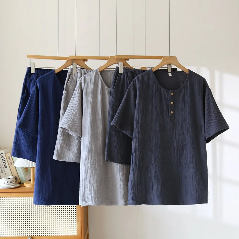New Male Pajamas Short-sleeved Pijamas Lounge Set Pyjamas Men Loungewear Suit Pure Cotton Round Neck Sleepwear Soft Loungewear