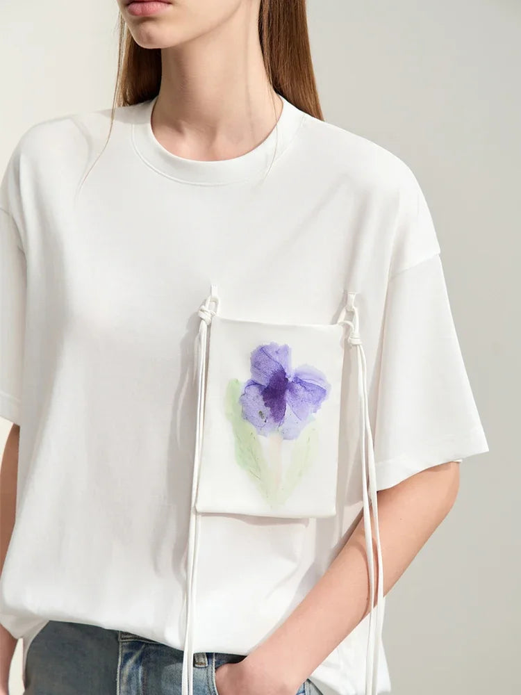 Amii Minimalism T-shirt Women's 2026 Summer Knit Casual Print Pockets Short-sleeve Cotton Loose Tee Elastic O-Neck Tops 12442008