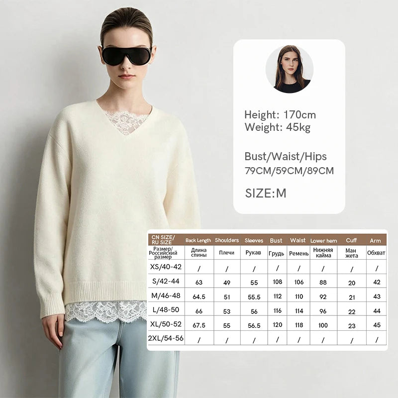 Amii Women's V-Neck Lace Knit Sweater Drop Shoulder Oversized Pullover Minimalist Business Casual Top 2026 Autumn 12623044
