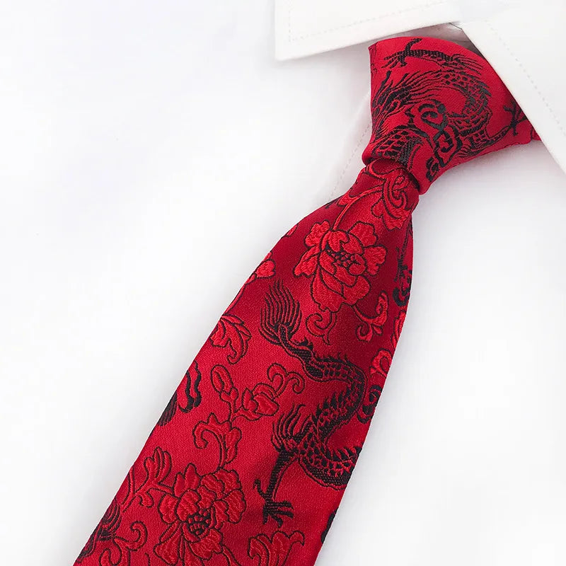 Men's Red Tie with A Chinese-style Design, Featuring A Jacquard Pattern of A Chinese Dragon; Available in Multiple Colors.