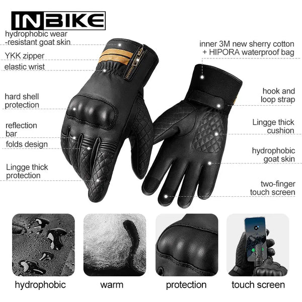 INBIKE Winter Motorcycle Gloves Man Full Finger Thermal Touch Screen Windproof Sheepskin Leather Padded Motorbike Gloves for Men