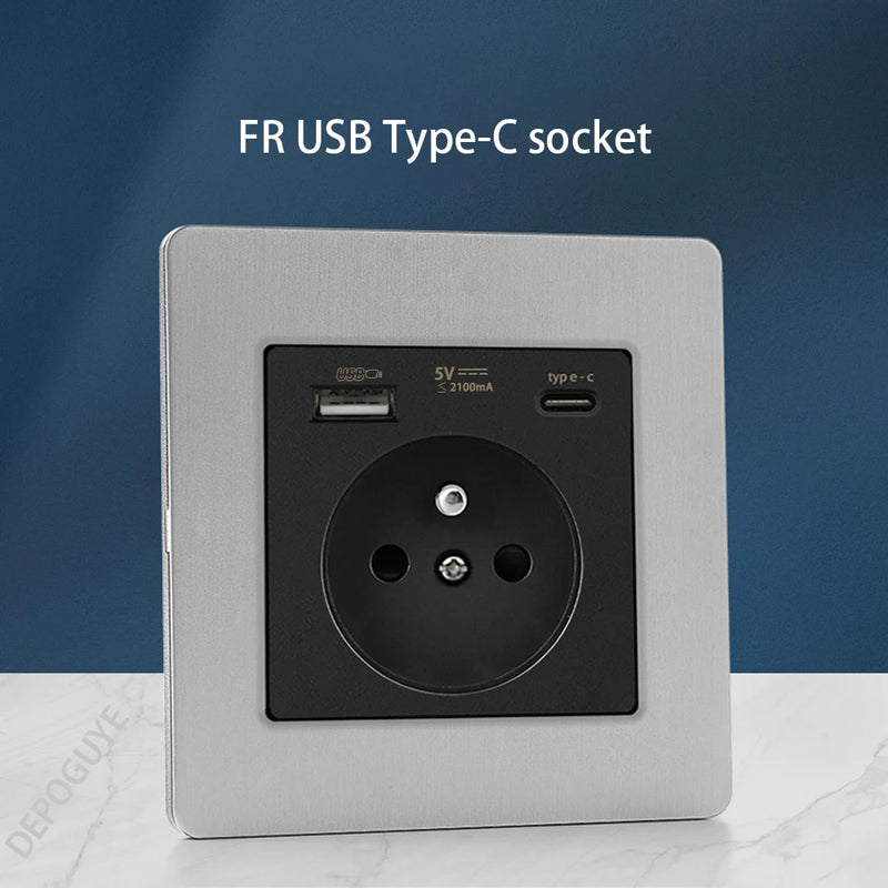 Wall Light Toggle Retro Switch Panel 1-4 Gang 2 Way EU Silver Gray Brushed Stainless Steel Antique Switch Outlet with USB Chargi