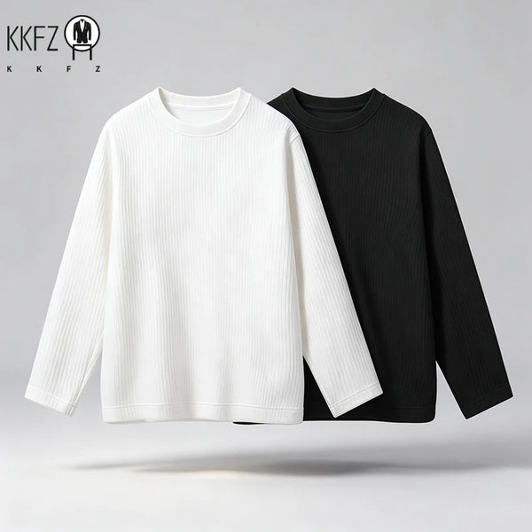 Mens Oversized Crew Neck Knit Top Vertical Ribbed Fabric Long Sleeve Relax Cut Daily Casual Wear Shirt