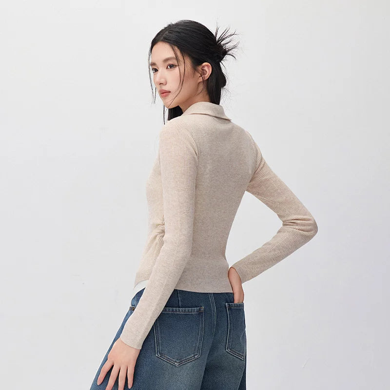 Semir Women Knit Sweater Wool Blend Layered Look Turn Down Collar Half Zip Pleated Detail Slim Fit 2026 New Winter Daily Wear