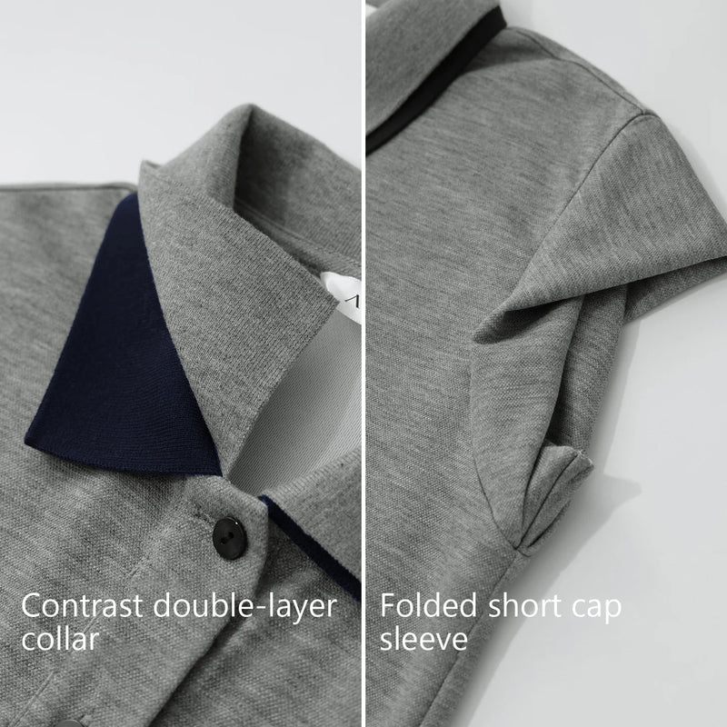 Amii Womens Dresses 2026 Summer New Color Block Contrast Lapel Air Layer Knitted Casual Loose Fit Midi Women's Dress 12622166