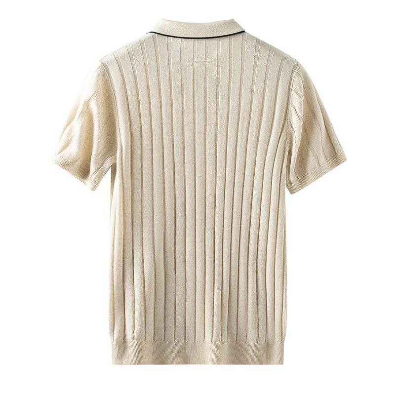 Men's Polo Shirt, Lyocell Linen Blend, Striped V-Neck Short Sleeve, Knitted T-Shirt, Casual Wear Premium Quality, Summer Fashion