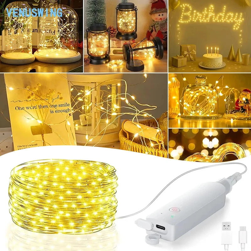 ភ្លើងខ្សែ LED 5M/20M ភ្លើង RGB ភ្លើងទេពអប្សរ 8 របៀប ភ្លើងពេលយប់ ភ្លើងចល័តប្រភេទ C អាចសាកបាន សម្រាប់ពិធីជប់លៀងបុណ្យណូអែល