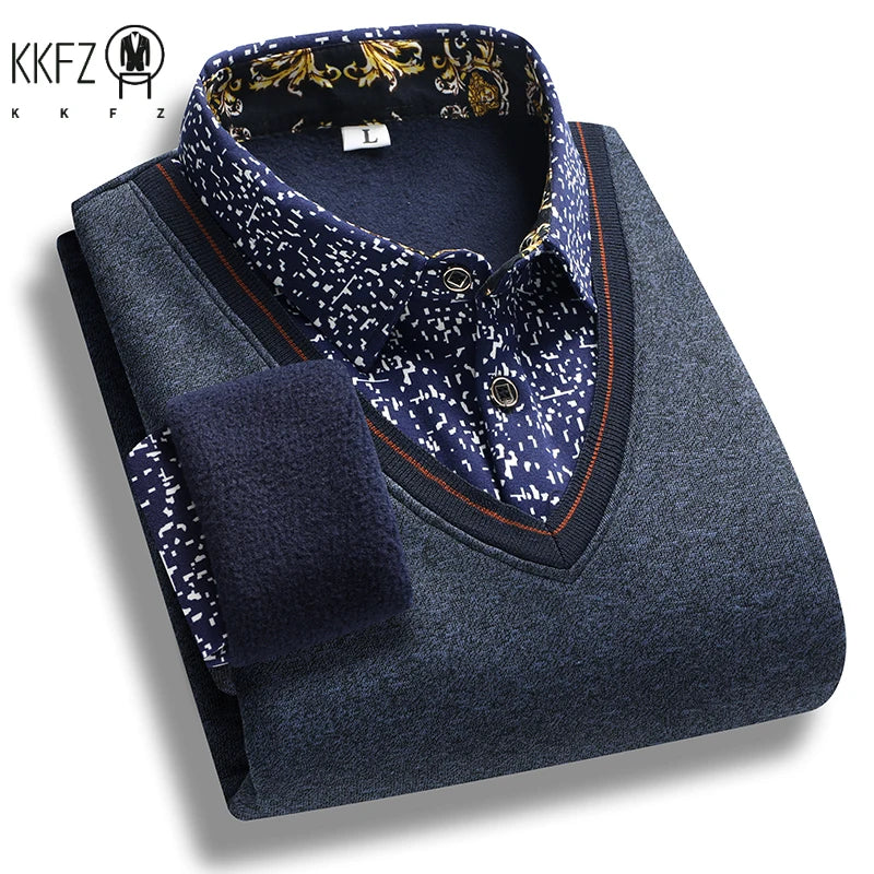 V Neck Piping Detail Fake Two Piece Shirt Men Fleece Lined Printed Collar Long Sleeve Travel and Family Gathering Wear