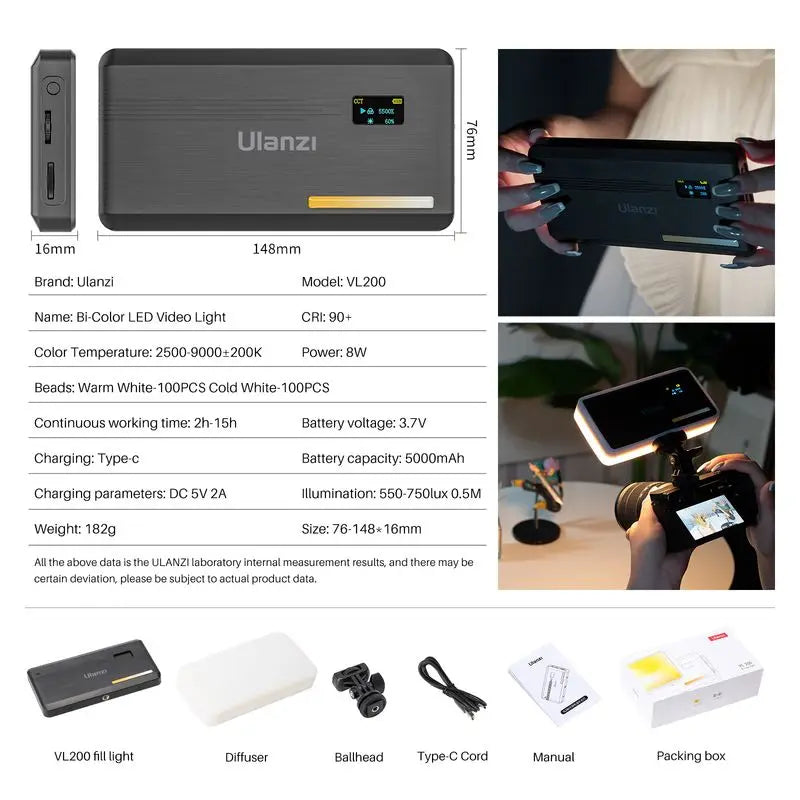 ភ្លើងវីដេអូ LED Ulanzi VL200 អាចបន្ថយពន្លឺបានលើកាមេរ៉ា DSLR បំពេញពន្លឺ 200 LED ចង្កៀងបំភ្លឺថតរូបសម្រាប់ថតរូប Selfie