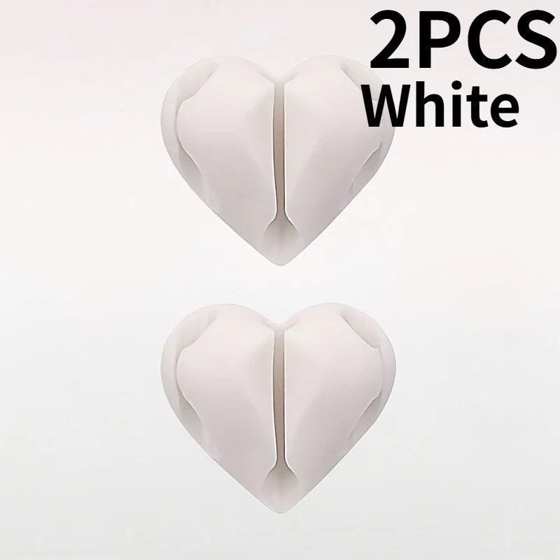 2PCS Self-Adhesive Heart-Shaped Cable Organizer,Phone Charging Line Holder,for Desks, Nightstands,Offices.3-hole design