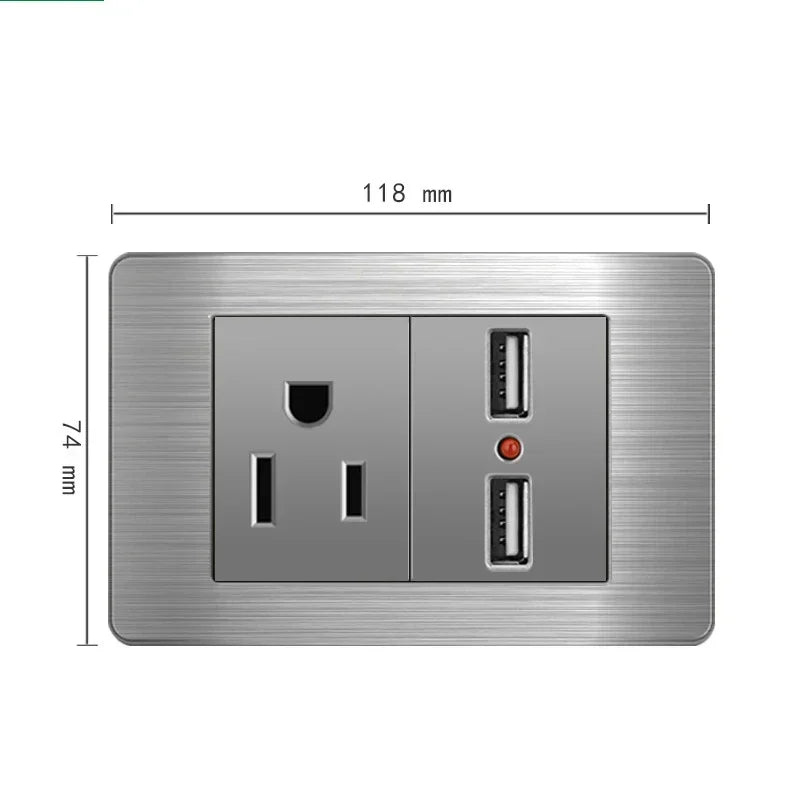 American Standard Wall Light Switch Power Socket Universal Plug with usb US Stainless Steel 2way Socket Panel 118*74m Computer