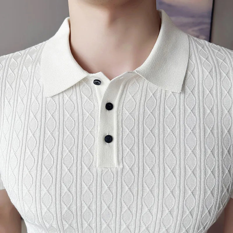New Slim-Fit Jacquard Knitted Short-Sleeved Polo Shirt for Men's Fashion Lapel Golf Shirt