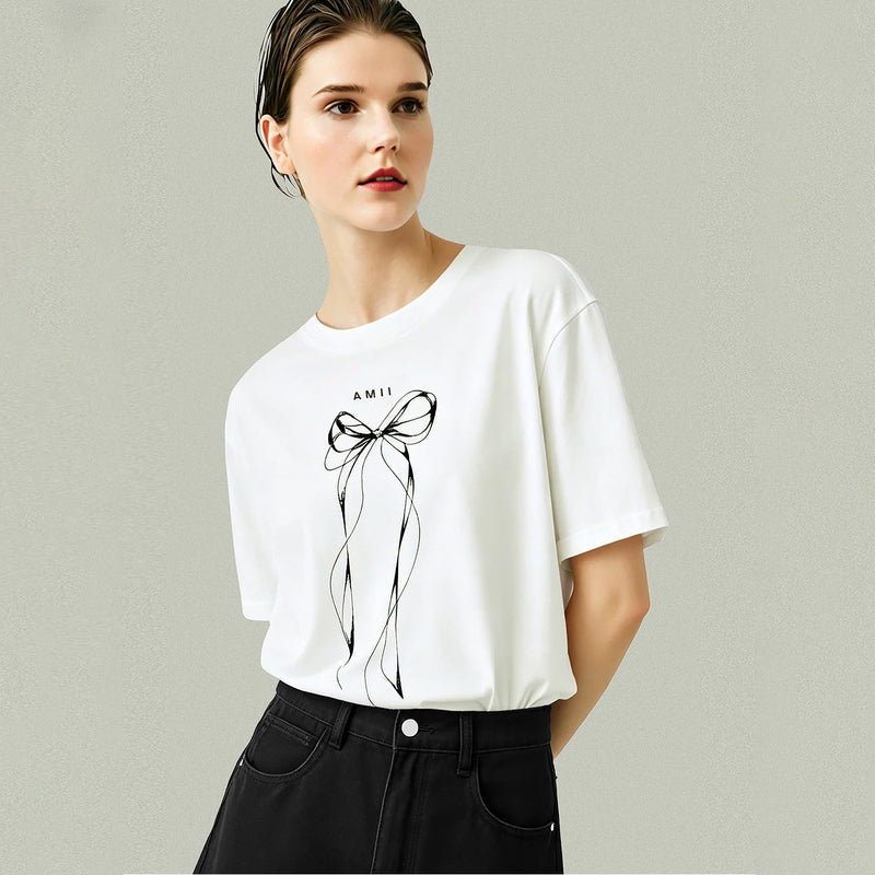 Amii Women's T-Shirt 2026 Summer New Round Neck Bow Print Drop Shoulder Top Women Cotton Casual Loose Short Sleeve Tee 12622041