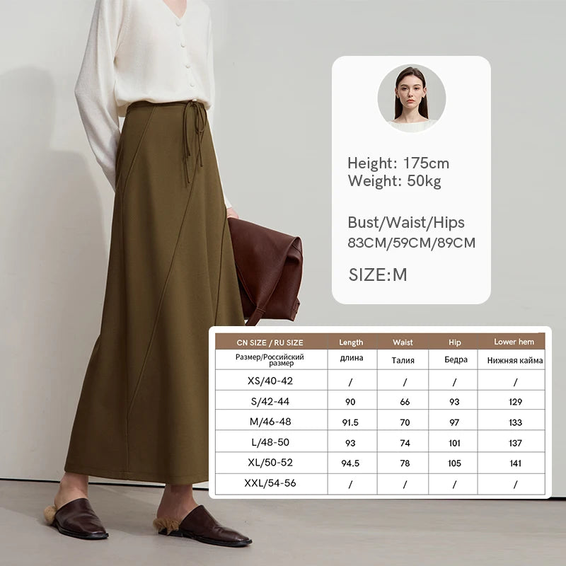 AMII 2026 Women‘s Autumn Casual Skirts Solid Strap Style Drawstring Minimalism Long A-LINE Skirts Female Clothing 12523084