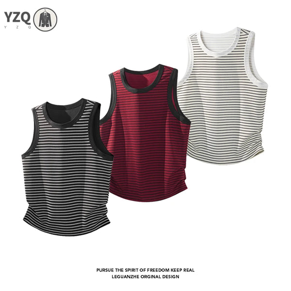 Male Slim Striped Sleeveless Knit Tank Top Crew Neck Comfort Breath Undershirt For Fitness Activities And Everyday Casual Look