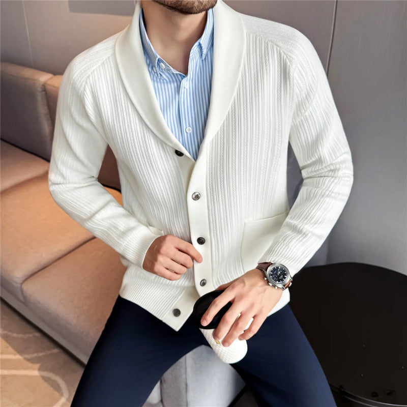 Men's Shawl Collar Knit Cardigan, Old Money Style Stripe Design, Thickened Autumn Winter, White Gray Black