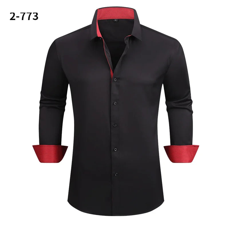 Men's Black Long-sleeve Stretch Shirt, Red Patchwork-trimmed Shirts, Commuter-style Single-Breasted Lapel Tops.