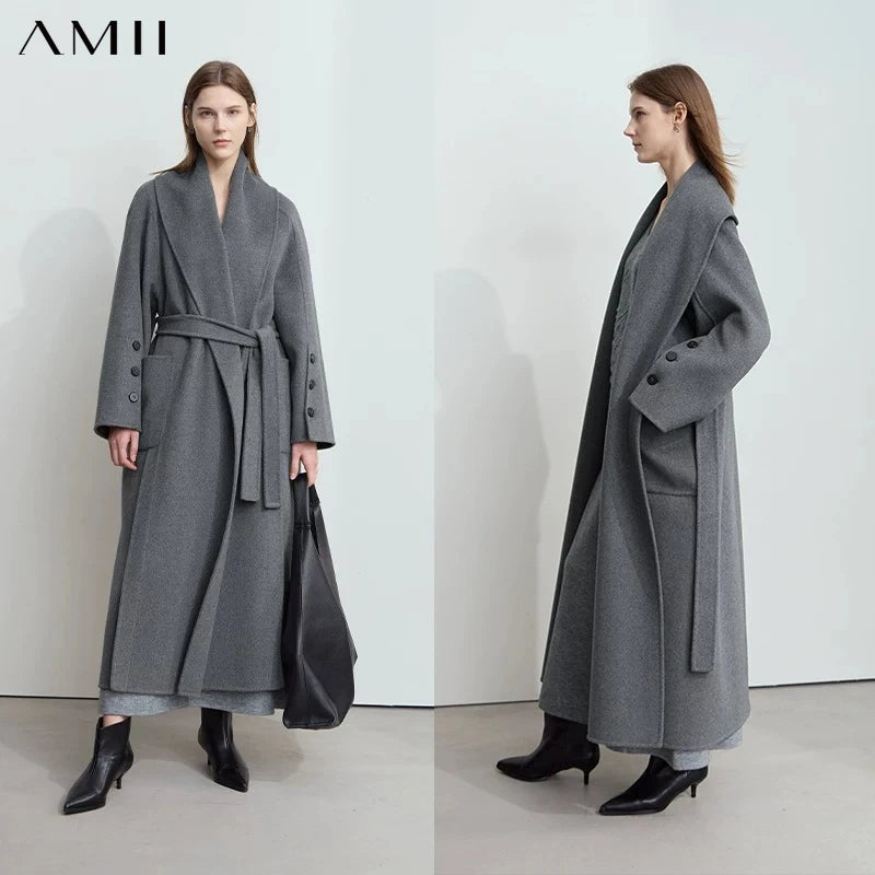 AMII Minimalist Fashion Woolen Coat 2026 Winter New Women's Commuter Full Wool with Belt Long Double-sided Woolen Coat 12424067