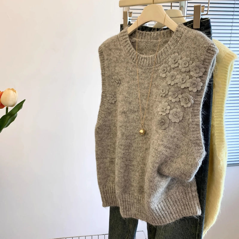 Three-dimensional Flower Knitted Vest Women's Autumn Winter Lazy Wind Soft Stacked Wearing Sweater Ladies Knit Sleeveless Top