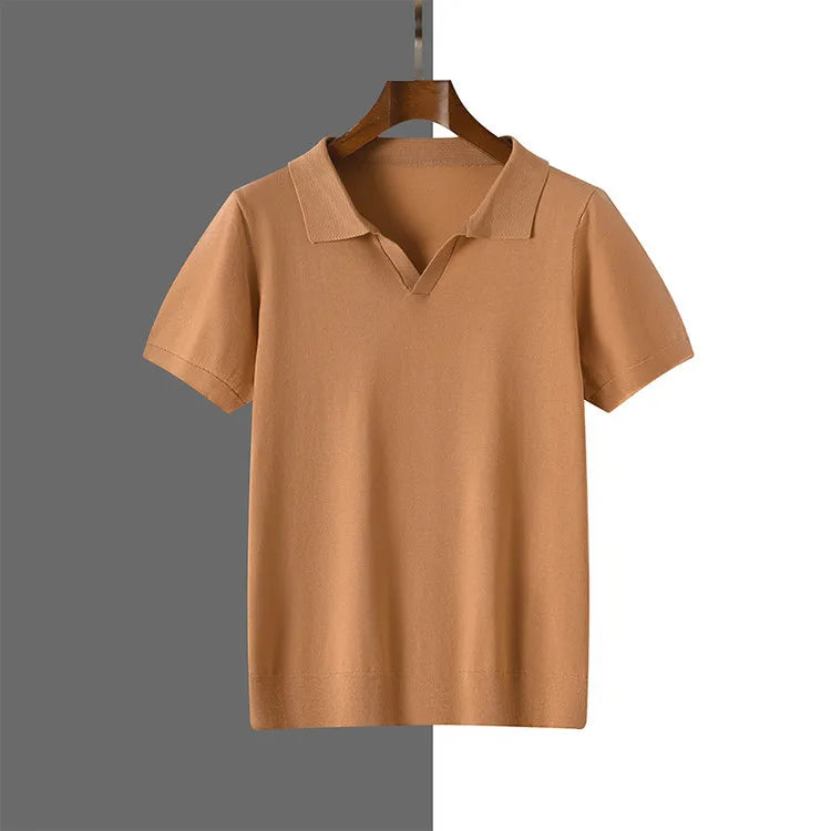 Men's 100% Modal Silk Touch Polo Shirt – Soft Breathable V-Neck Short Sleeve Top for Business Casual
