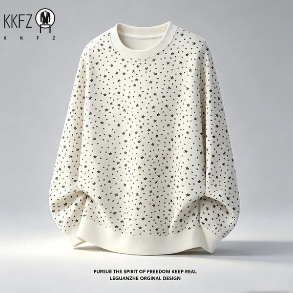 Mens Long Sleeve Crew Neck Star Print Pullover Soft Fleece Relaxed Fit Fabric Casual Street Top For Autumn