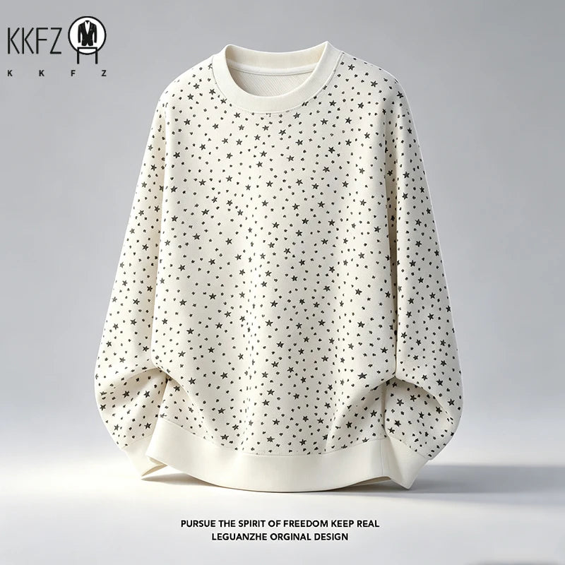 Mens Long Sleeve Crew Neck Star Print Pullover Soft Fleece Relaxed Fit Fabric Casual Street Top For Autumn