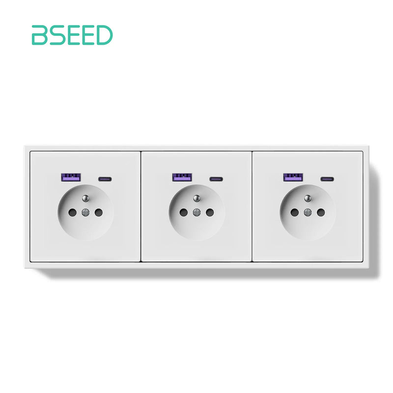BSEED French Standard Wall Power Socket Electrical Outlets 20W USB Type-C Fast Charge Port Socket White Black Plastic Frame 16A