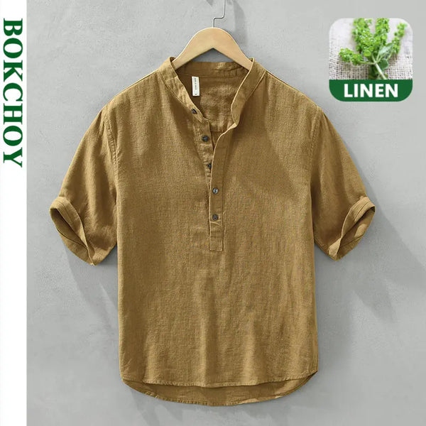 Summer New Vintage Breathable Short Sleeve Pullover Shirt for Men Clothing Ramie and Cotton Streetwear CM2559