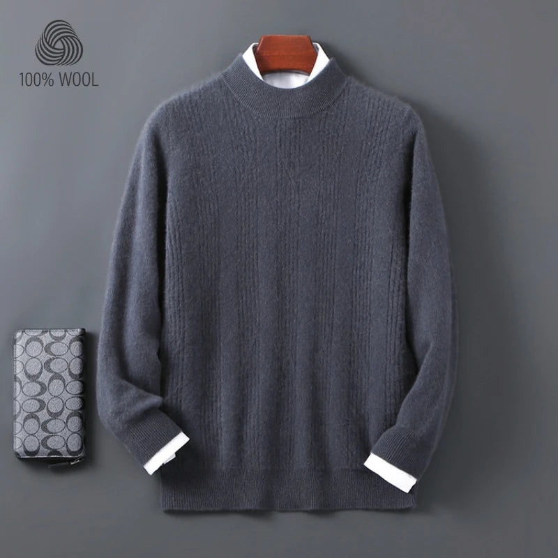 Men's 100% Wool Sweater,  Soft and Warm High-neck Wool Pullover Fine Vertical Stripe