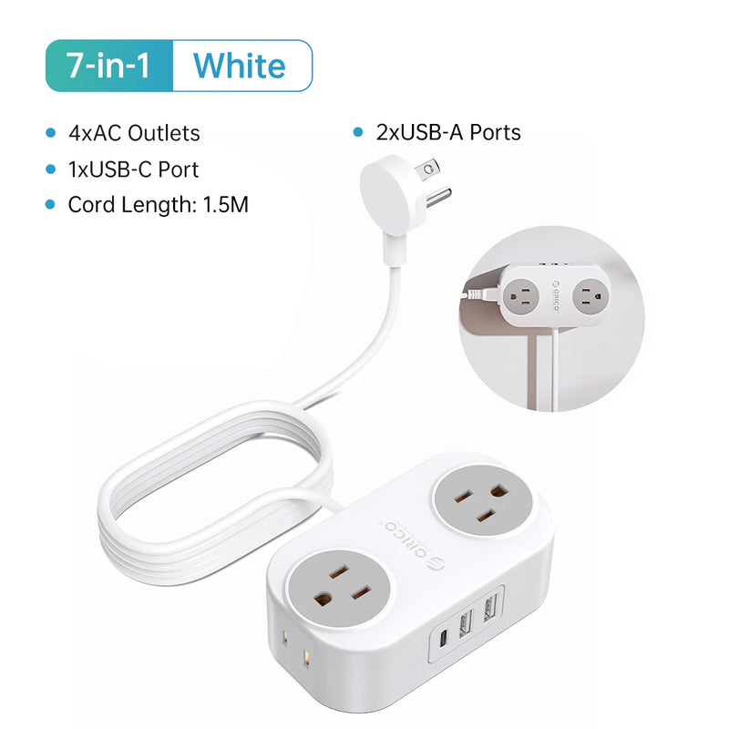 ORICO Travel Power Strip with USB C AC Outlets 3 USB Ports Wrapped Flat Plug Extension Cord with Multiple Outlets for Travel