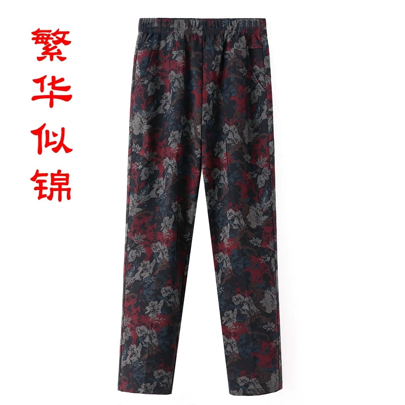 ខោស្ត្រីវ័យកណ្តាលទំហំ ៨XL ៩XL បោះពុម្ពថ្មី ចង្កេះខ្ពស់ ខោធម្មតា ខោនិទាឃរដូវ និងរដូវស្លឹកឈើជ្រុះ ខោត្រង់ ទំហំធំ យាយប៉ា