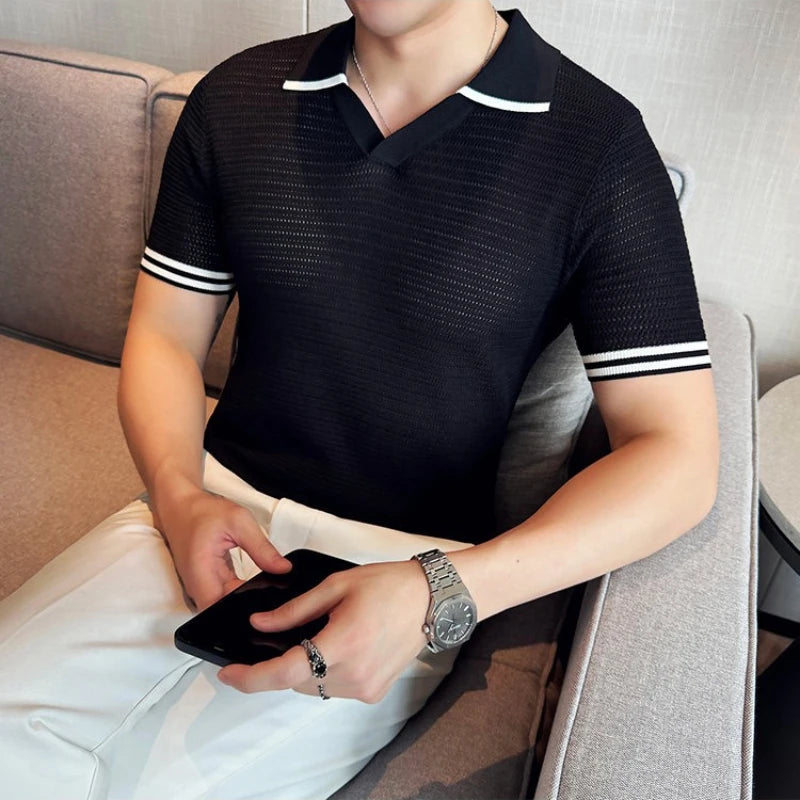 Men's Contrast Trim Knitted Polo Shirt - Slim Fit V-Neck Short Sleeve Summer Top | Breathable Textured Business Casual Tee