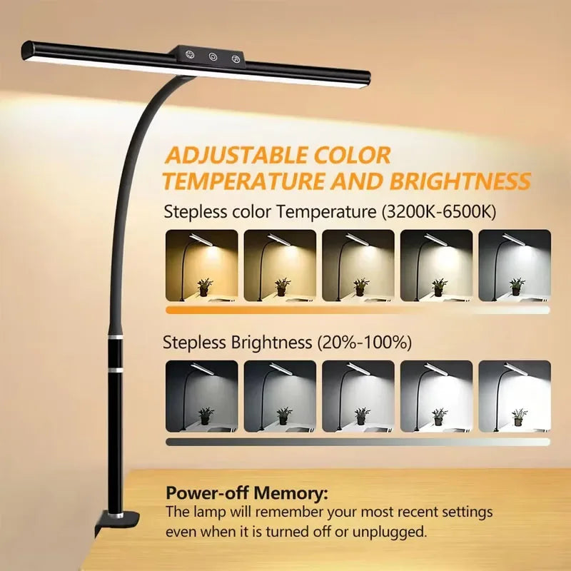 LED Desk Lamp Clamp Eye-Caring Clip on Lights for Home Office Long Flexible Goose-Neck Arm Architect Task Table Lamps with USB