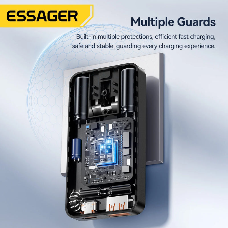 ឆ្នាំងសាក Essager Ultra Thin 65W GaN Pro Travel Charger Quick Charge 4.0 PD3.0 សាកថ្មចល័តប្រភេទ C សម្រាប់ iPhone Samsung Macbook Laptop