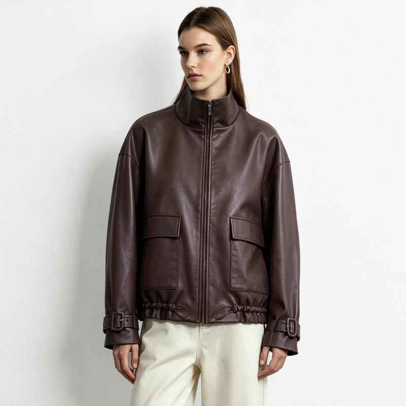 Amii Women's Faux Leather Jacket Turtleneck Drop Shoulder Retro Business Casual Zip Up Cargo Coats 2026 Autumn Jackets 12623135