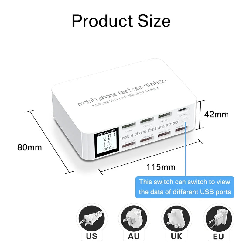 100W 8 រន្ធ អេក្រង់ LCD សាកលឿន 3.0 USB Charger Adapter HUB Type C PD Fast Phone Charger សម្រាប់ iPhone Huawei Samsung Xiaomi