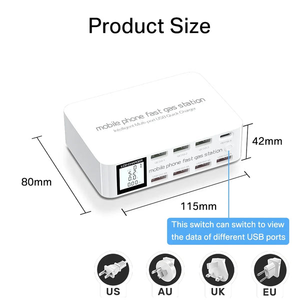 ឆ្នាំងសាក USB C 8 រន្ធ សាកលឿន QC3.0 PD3.0 ពហុ USB LCD អេក្រង់ឌីជីថល ស្ថានីយ៍សាកថ្មសម្រាប់ iPhone 17 16 Android