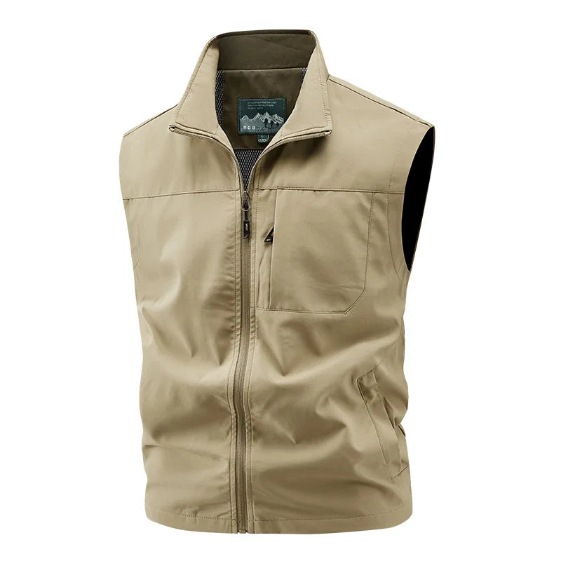 Men's Red Sleeveless Vest Jacket, Perfect for Summer Fishing or Casual Wear, Available in Blue, Black, Green, Beige, and Gray.