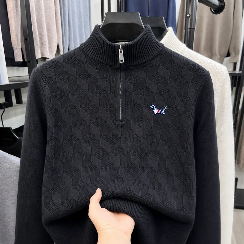 High End Luxury Man Long-Sleeved Knitwear Mock Neck Zipper Dog Embroidery Autumn Winter New Pullover Leisure Snug Men's Clothing
