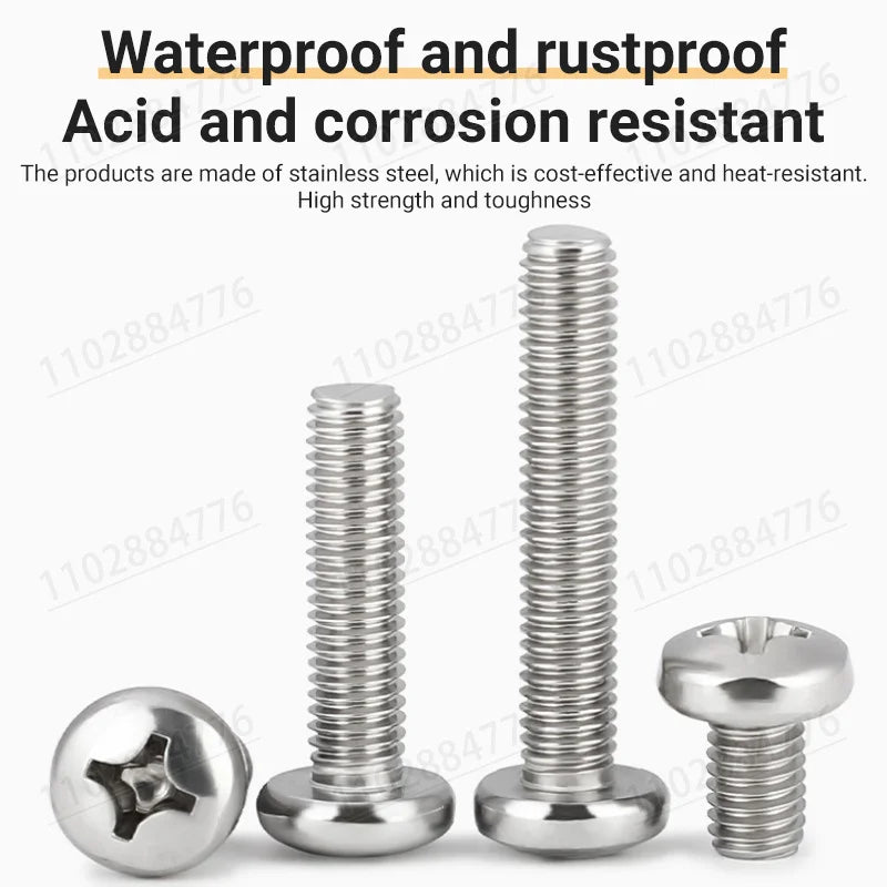 M2 M2.5 M3 M3.5 M4 M5 M6 M8 Long Cross Phillips Pan Round Head Screw Bolt A2-70 304 Stainless Steel GB818 length=3-100mm